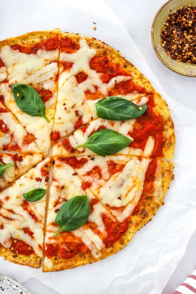 A low carb cottage cheese pizza served