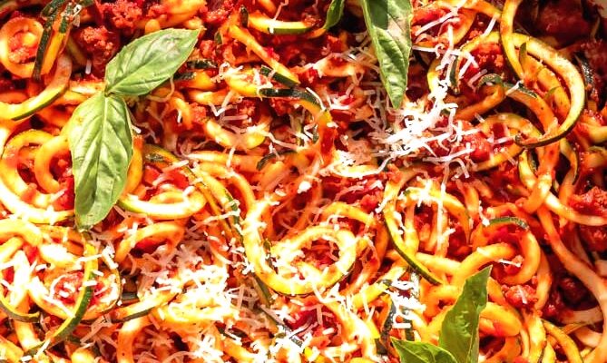 This is a Zucchini Noodles with Tomato Basil Sauce recipe served and ready to enjoy