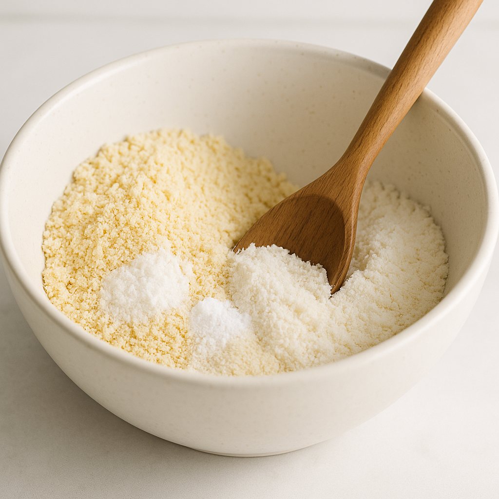 Close-up of almond flour, coconut flour, baking powder, and salt being mixed in a ceramic bowl with a wooden spoon.