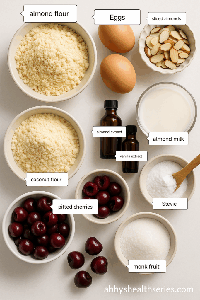 all ingredients arranged on a clean white or light wooden surface. Include almond flour, coconut flour, eggs, sliced almonds, pitted cherries, erythritol sweetener, vanilla and almond extract bottles, almond milk in a glass.