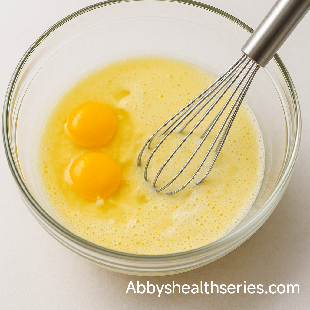 Glass bowl with eggs, almond milk, melted butter, vanilla, almond extract, and sweetener being whisked with a metal whisk