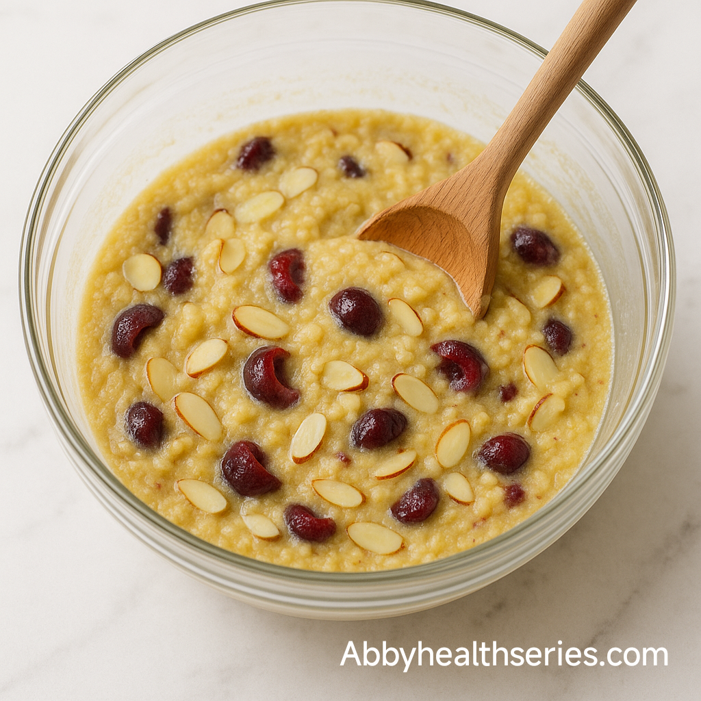 showing wet and dry ingredients being mixed. Batter is thick with cherries and sliced almonds visible.