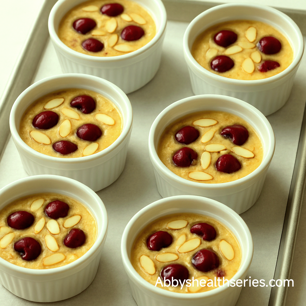 White ceramic ramekins filled with batter, topped with cherry halves and almonds. Arranged on a baking tray with parchment
