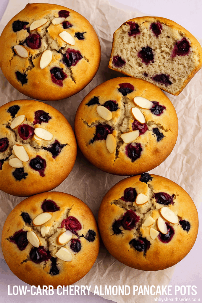 Multiple ramekins of baked cherry almond pancake pots on a rustic table. Some topped, some broken open to show texture.