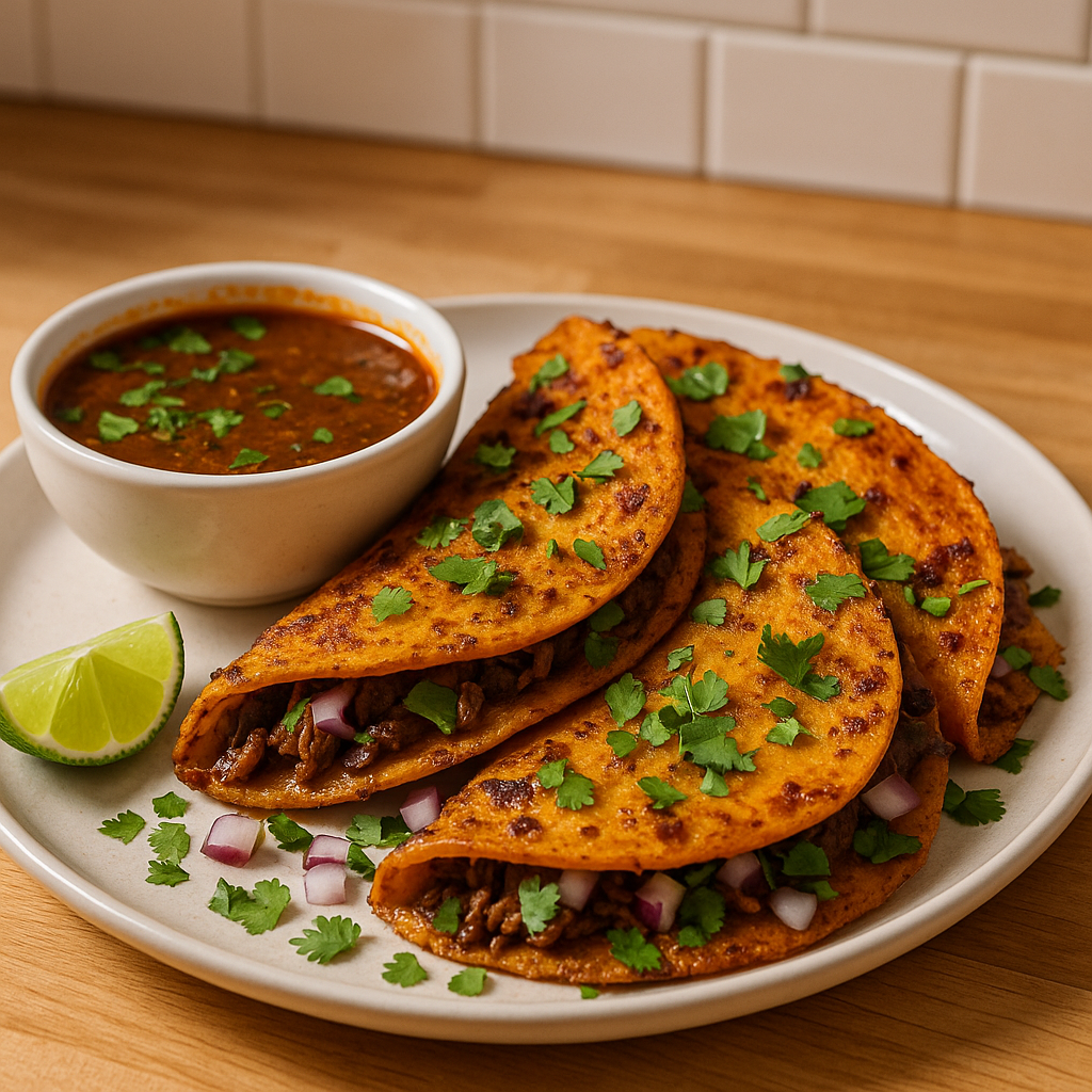 Close-up of high-protein birria tacos filled with shredded meat.