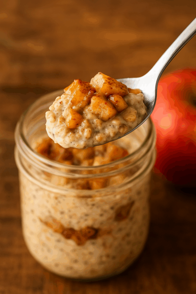 A spoonful of high-protein apple pie overnight oats lifted from a jar, highlighting the creamy oats, tender cinnamon apples, and crunchy granola topping.