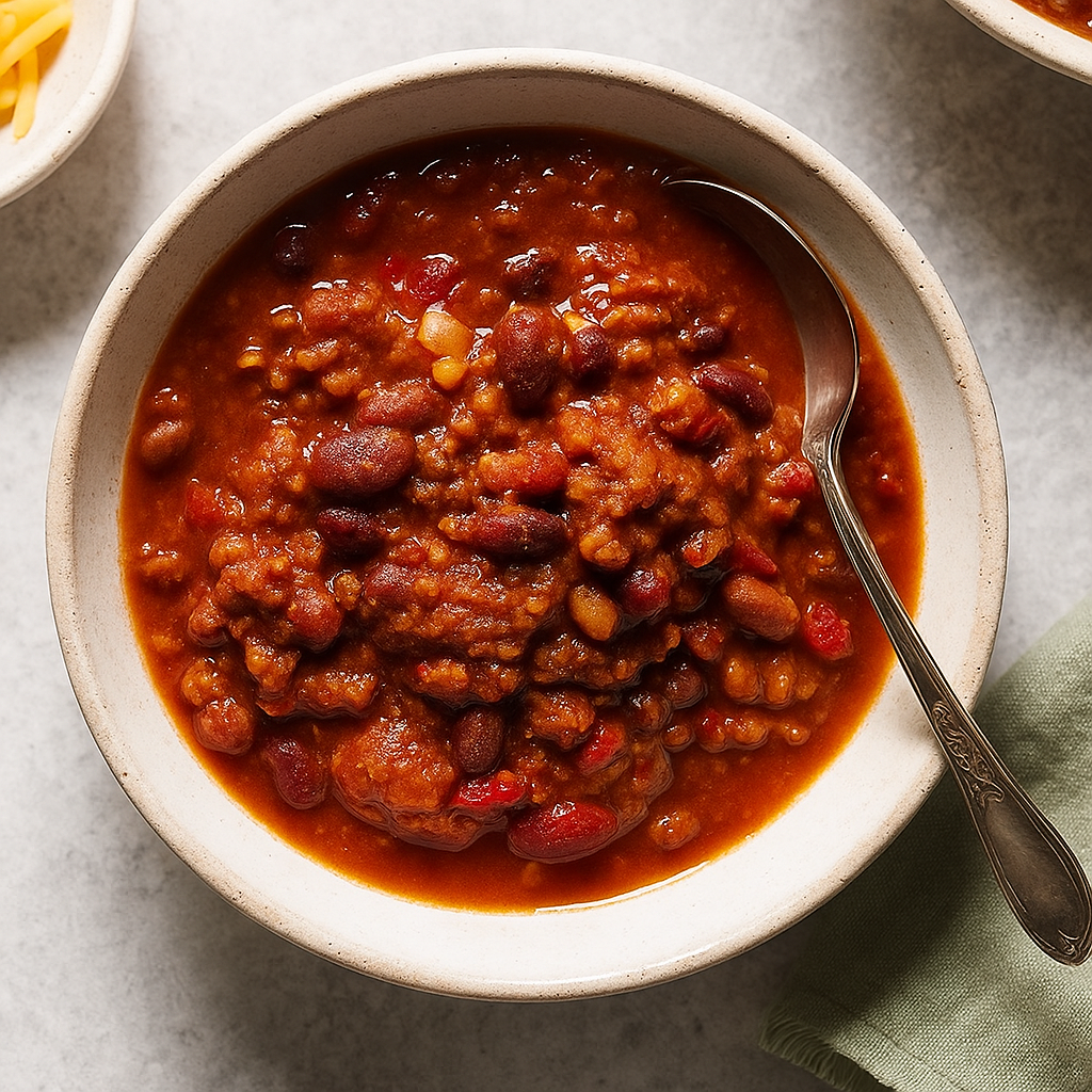 One-pot high-protein chili served in a colorful bowl on a kitchen counter