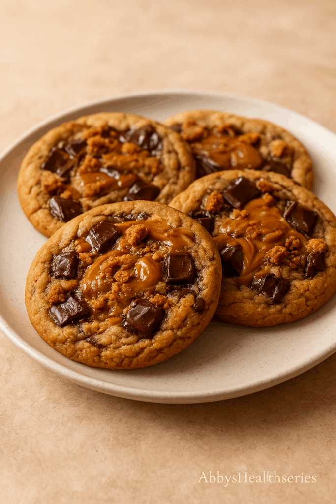 Golden brown Biscoff protein cookies served on a plate with caramel swirls and crumbled biscuit topping.