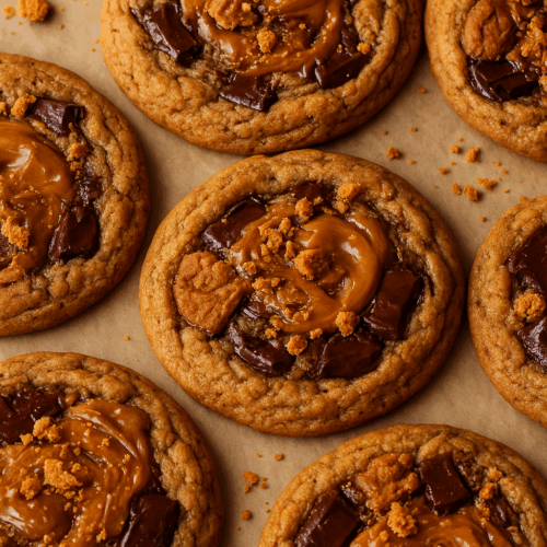 Freshly baked high-protein Biscoff cheesecake cookies with gooey cookie butter swirls and dark chocolate chunks on parchment paper.