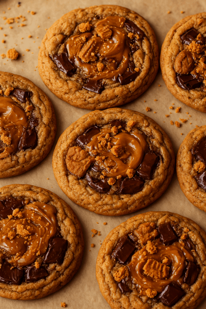 Freshly baked high-protein Biscoff cheesecake cookies with gooey cookie butter swirls and dark chocolate chunks on parchment paper.