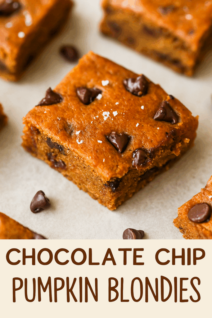 High protein chocolate chip pumpkin cheesecake bars arranged neatly on a baking tray lined with parchment paper, golden brown edges with chocolate chips visible.