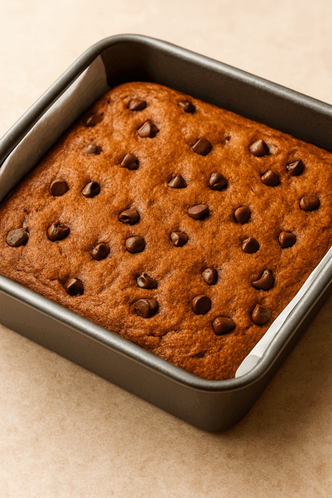 Close-up of a pumpkin cheesecake protein bar with chocolate chips, showing the creamy texture and dense, fudgy protein-packed filling.