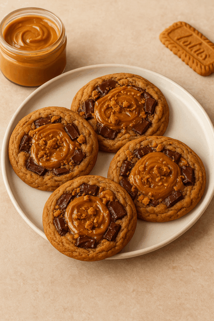Overhead flat lay of high-protein cheesecake cookies with melted chocolate and Biscoff drizzle.