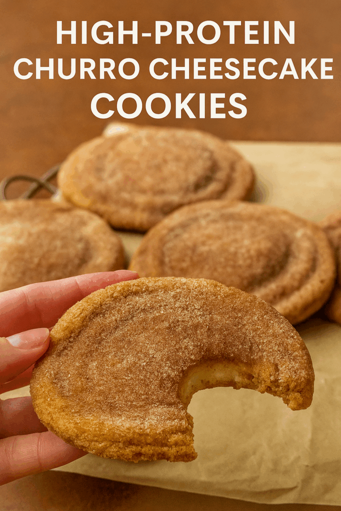 A close-up of a hand holding a high-protein churro cheesecake cookie with a bite taken out, revealing the creamy cheesecake filling inside. The cookie is coated in cinnamon sugar and surrounded by more cookies in the background, all resting on parchment paper.