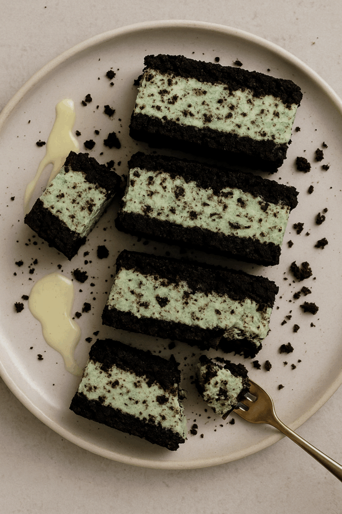 Flat lay of fresh-baked low calorie Mint Oreo cheesecake cookies on cooling rack, soft chewy texture with minty cream, healthy dessert recipe.
