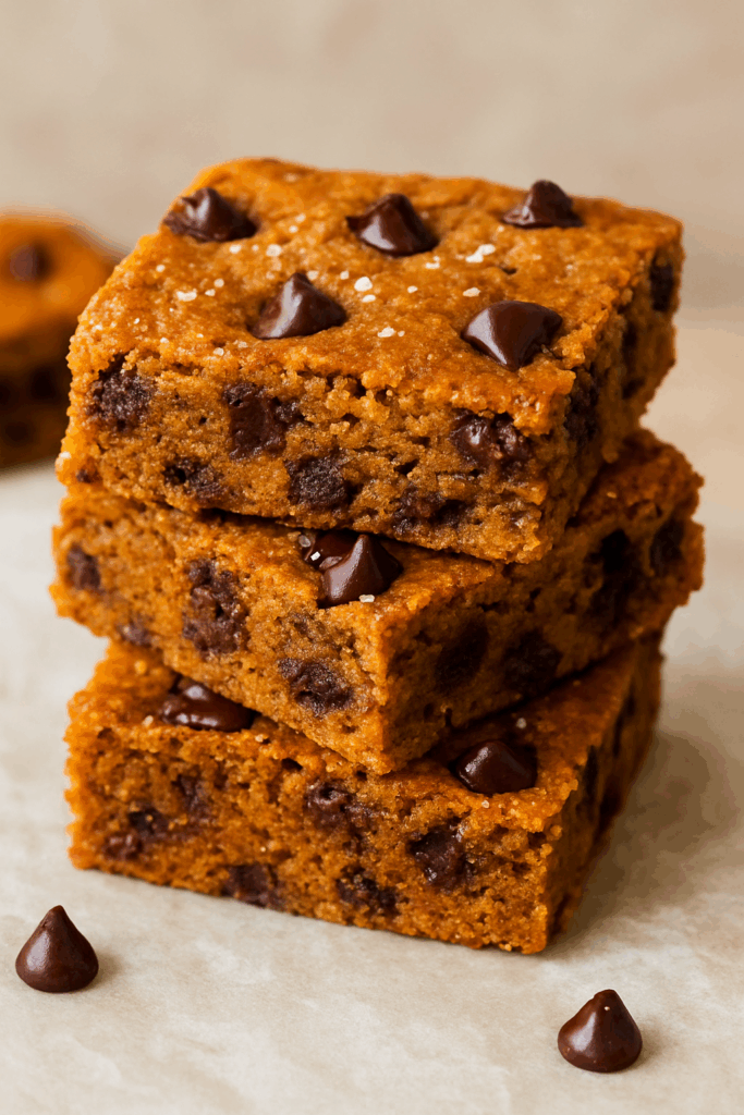 Sliced Chocolate Chip Pumpkin Cheesecake Protein Bars | Healthy Fall Dessert served on a plate, showing the soft pumpkin cheesecake layer and studded chocolate chips.