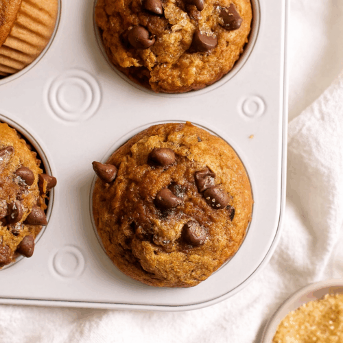 Low carb chocolate chip muffins freshly baked on the baking pan