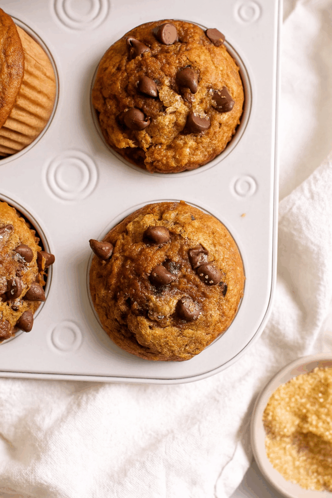 Low carb chocolate chip muffins freshly baked on the baking pan