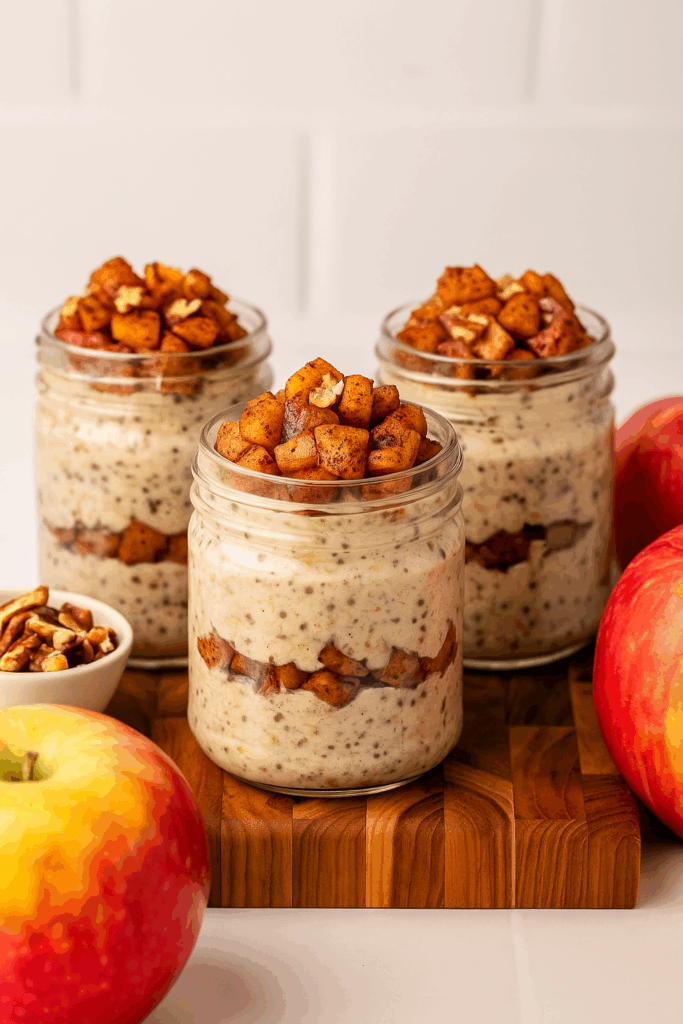 Four glass jars filled with creamy high-protein apple pie overnight oats topped with fresh apple slices, cinnamon, and a sprinkle of granola, styled on a rustic wooden table.
