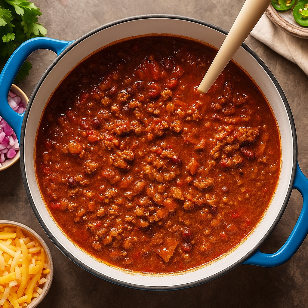Close-up of hearty chili packed with beans, lean ground turkey, and spices