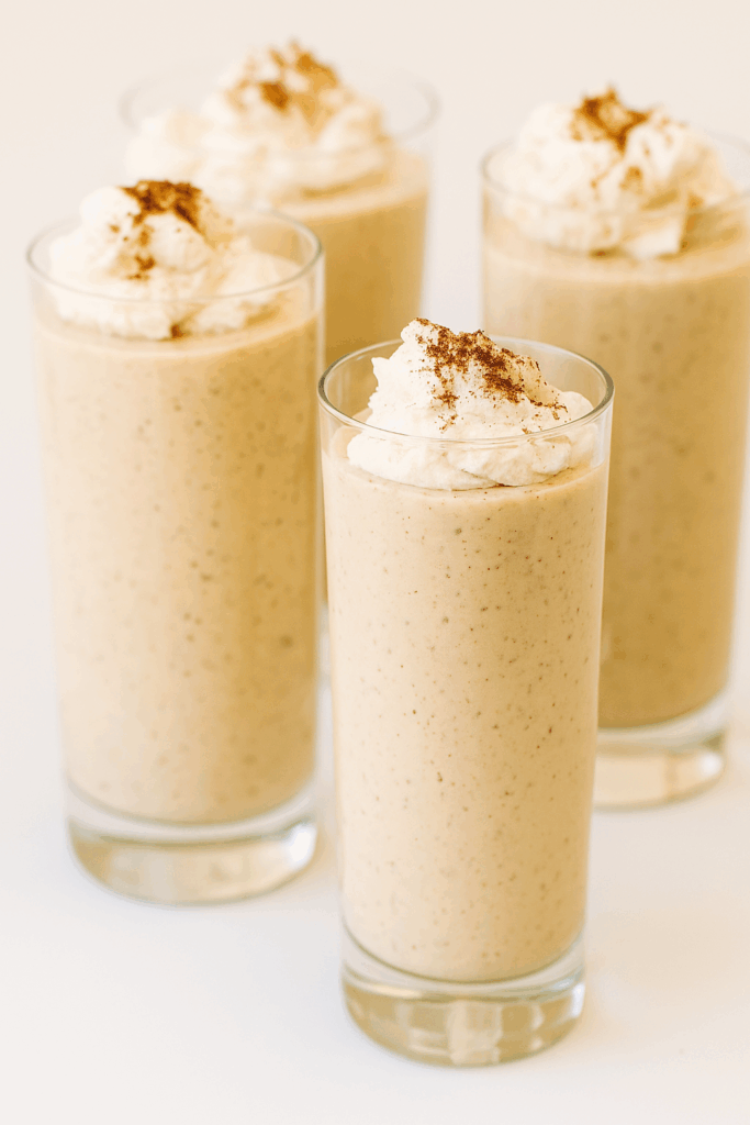 Creamy low carb spiced eggnog mousse served in a tall glass cup, topped with whipped cream and sprinkled with cinnamon, festive sugar-free holiday dessert.