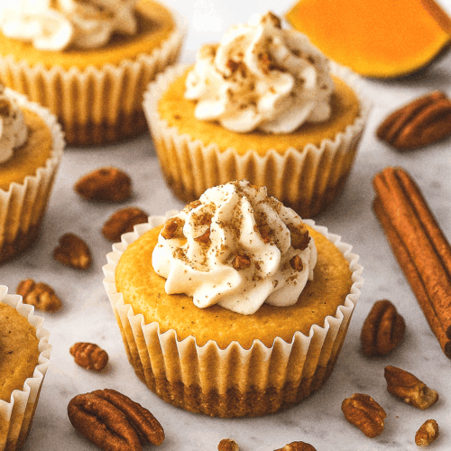 Mini pumpkin cheesecakes with graham crust and whipped cream topping on marble background
