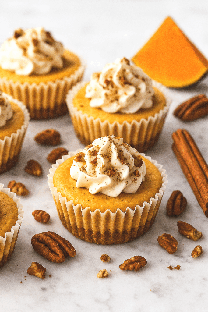 Mini pumpkin cheesecakes with graham crust and whipped cream topping on marble background