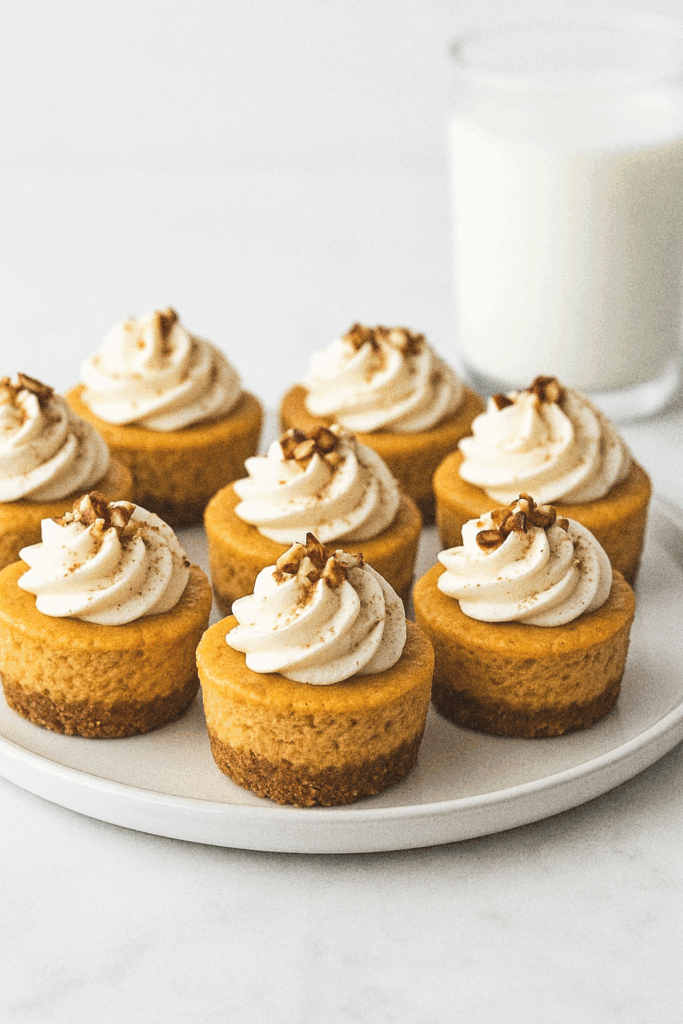 Plate of mini pumpkin cheesecakes with a glass of milk, fall-inspired high protein dessert