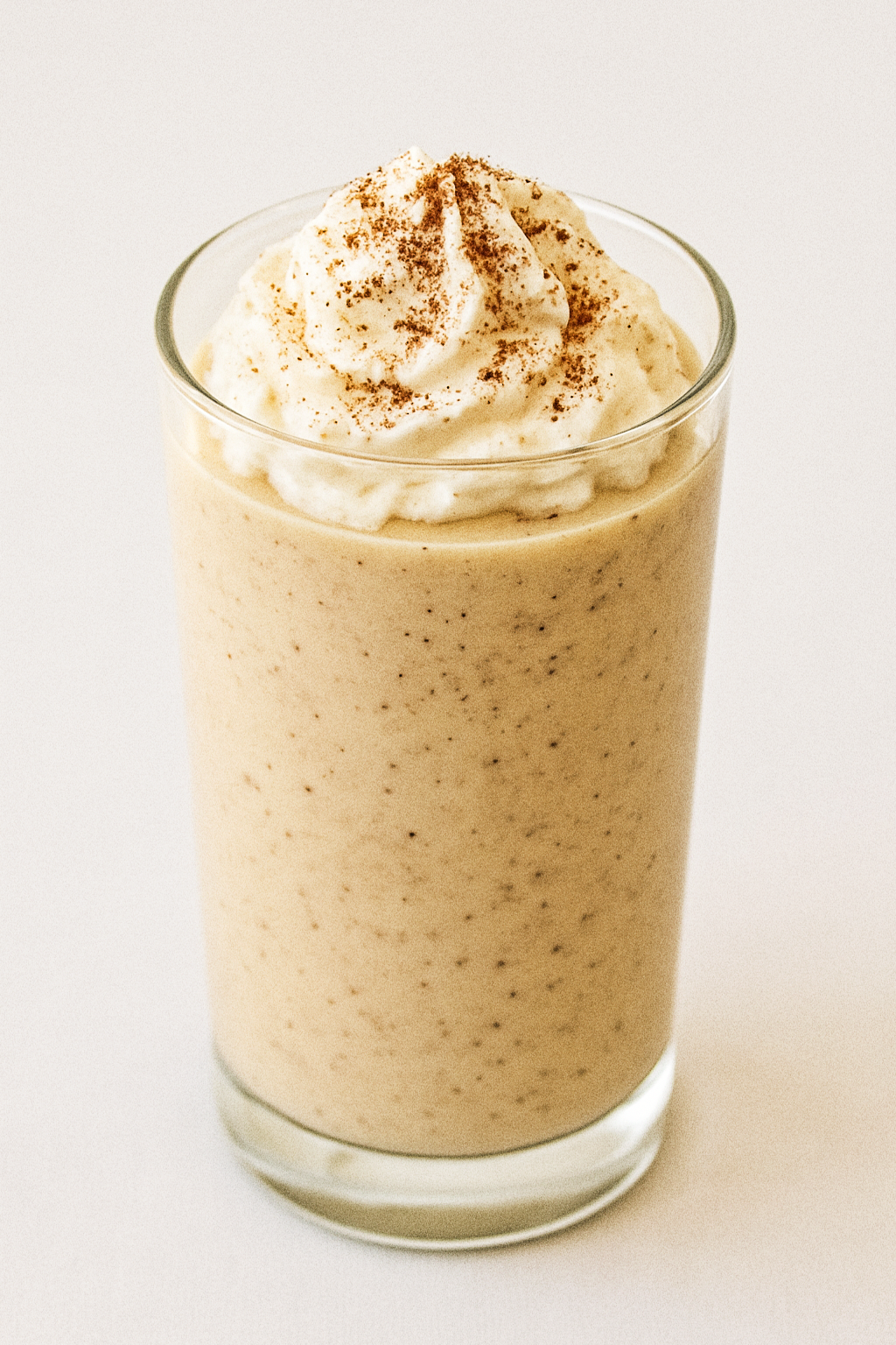 Creamy low carb spiced eggnog mousse in a glass cup topped with whipped cream and cinnamon festive sugar-free holiday dessert