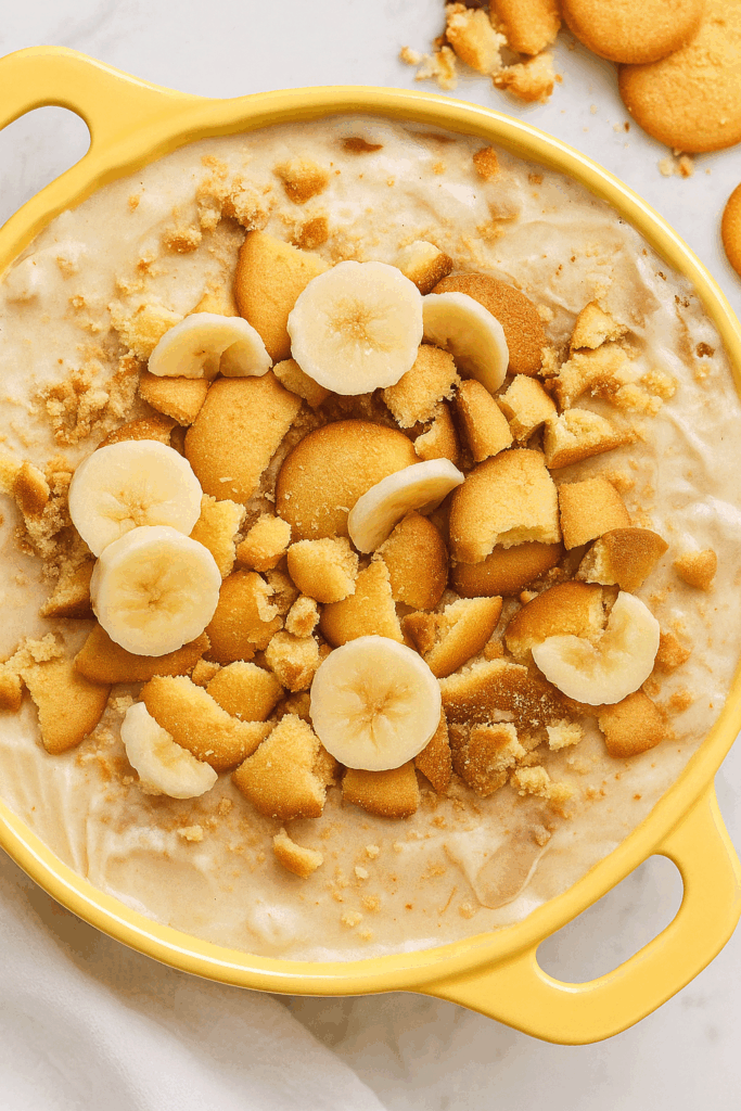 High-protein healthy banana pudding served in a cream bowl on a white marble table with a white towel, creamy texture with wafer crumbles and banana slices on top