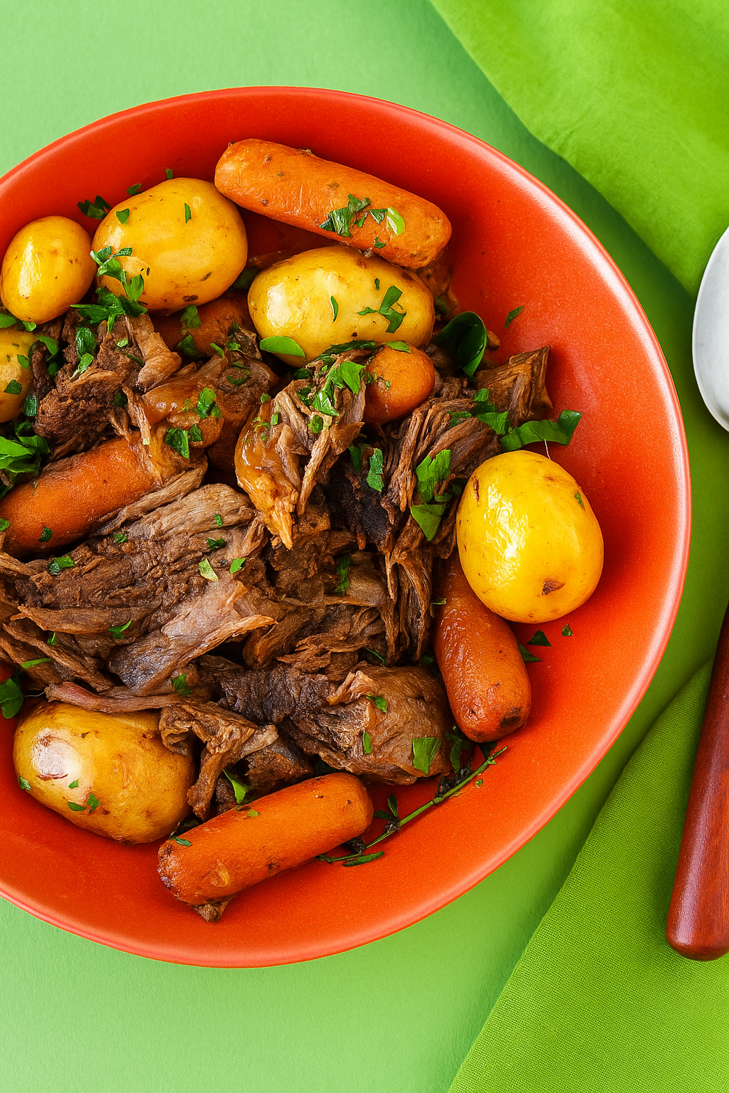 Close-up of a high-protein pot roast portion with juicy beef, soft carrots, and potatoes, garnished with fresh herbs, low-carb and wholesome dinner idea