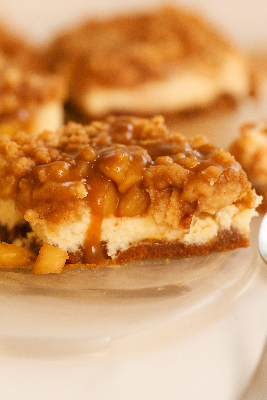Overhead view of High-Protein Apple Cheesecake Bars sliced on parchment paper with visible layers of crust, cheesecake, and apple crumble — light, cozy, and meal-prep friendly dessert.