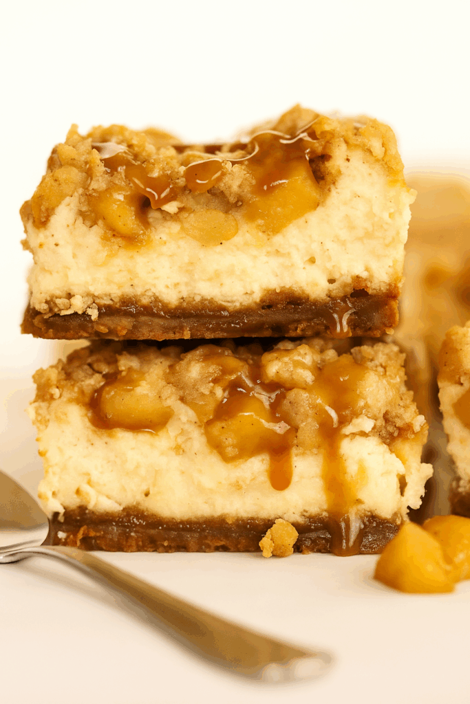 Close-up of High-Protein Apple Cheesecake Bars stacked with creamy cheesecake layers, spiced apple filling, and golden oat crumble topping — healthy fall dessert with 17g protein per bar.