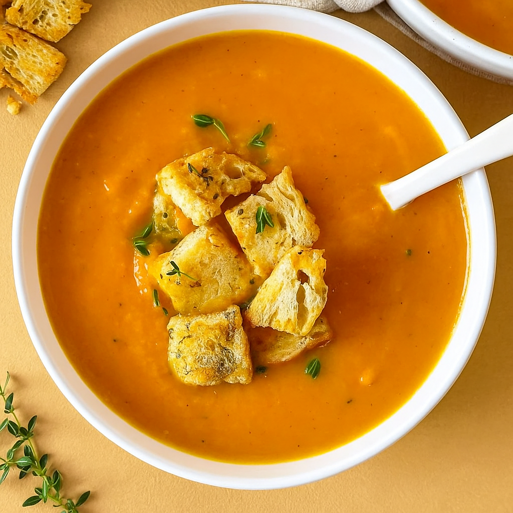 Creamy butternut squash soup served in a white bowl with a white soup spoon, topped with golden croutons and thyme on a warm rustic table, high-protein dairy-free fall recipe.