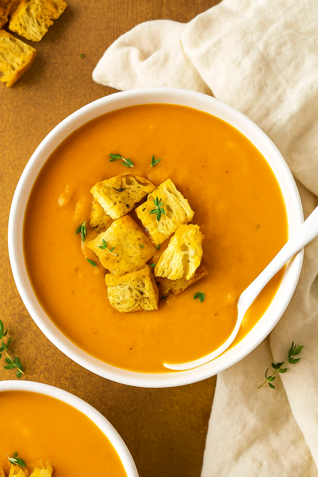 Velvety roasted butternut squash soup in a white ceramic bowl, garnished with crispy croutons and herbs, photographed on a rustic beige surface with a cozy kitchen towel.