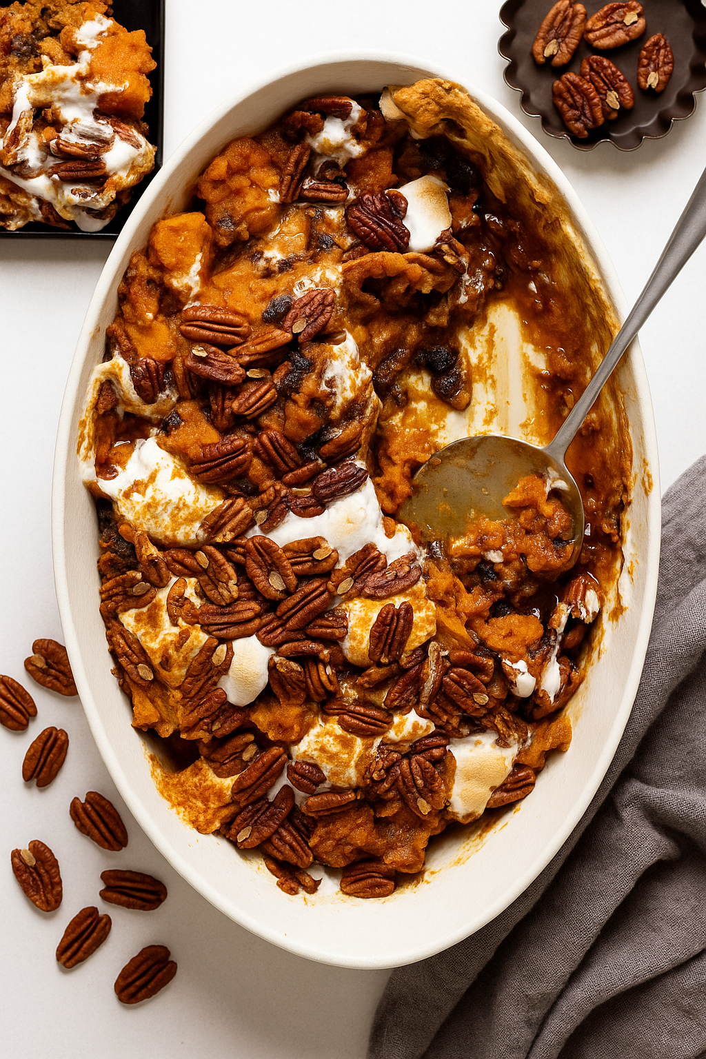 Close-up spoonful showing creamy sweet potato filling and toasted pecans.
