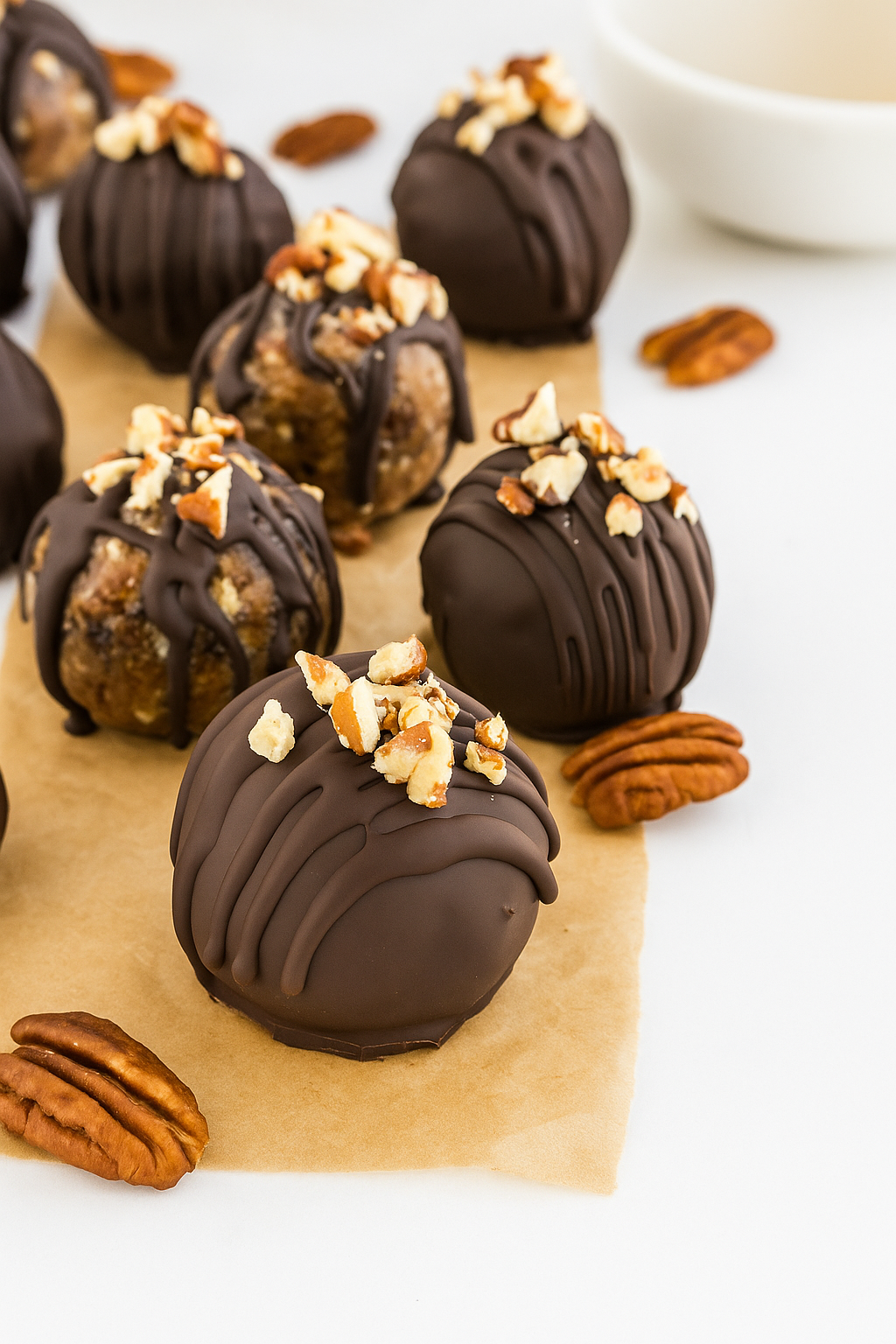 Pecan pie truffles arranged on a brown parchment paper