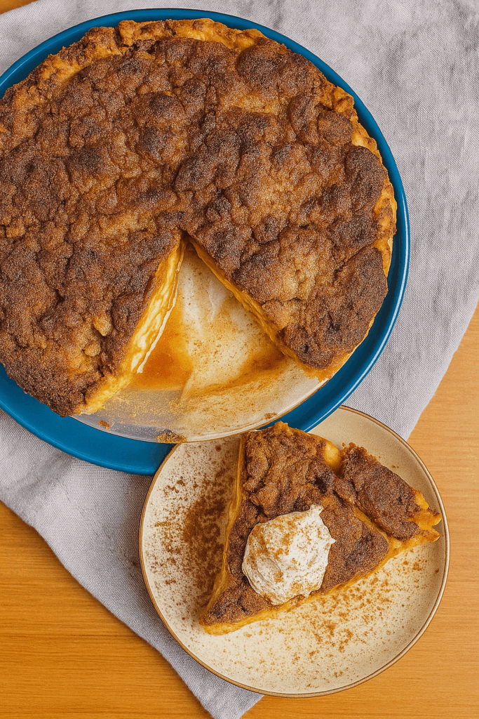 Golden high protein apple pie crumble in a white baking dish, topped with crunchy oat crumble, served warm for a cozy fall dessert