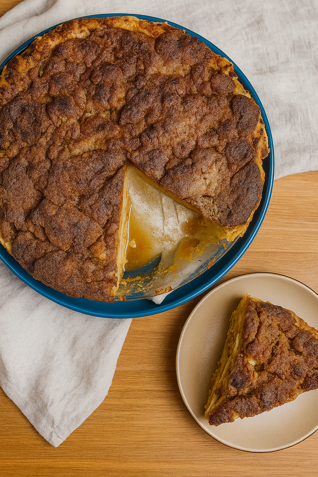 Golden high protein apple pie crumble in a white baking dish, topped with crunchy oat crumble, served warm for a cozy fall dessert
