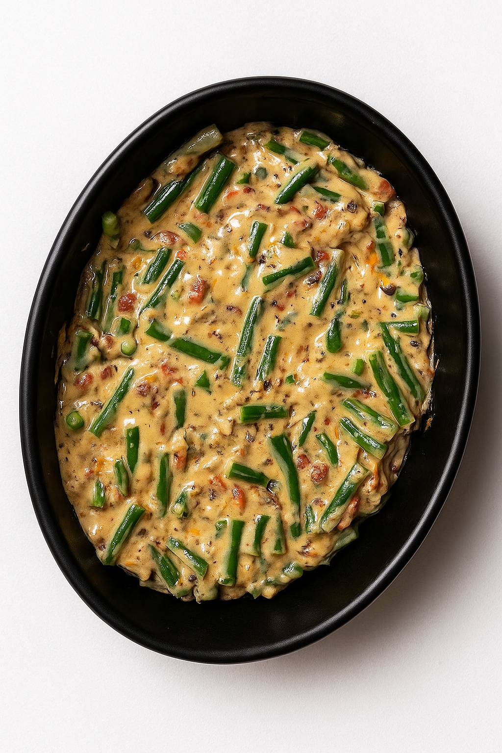 Serving spoon lifting a portion of green bean casserole with crispy onion topping, black dish on white surface
