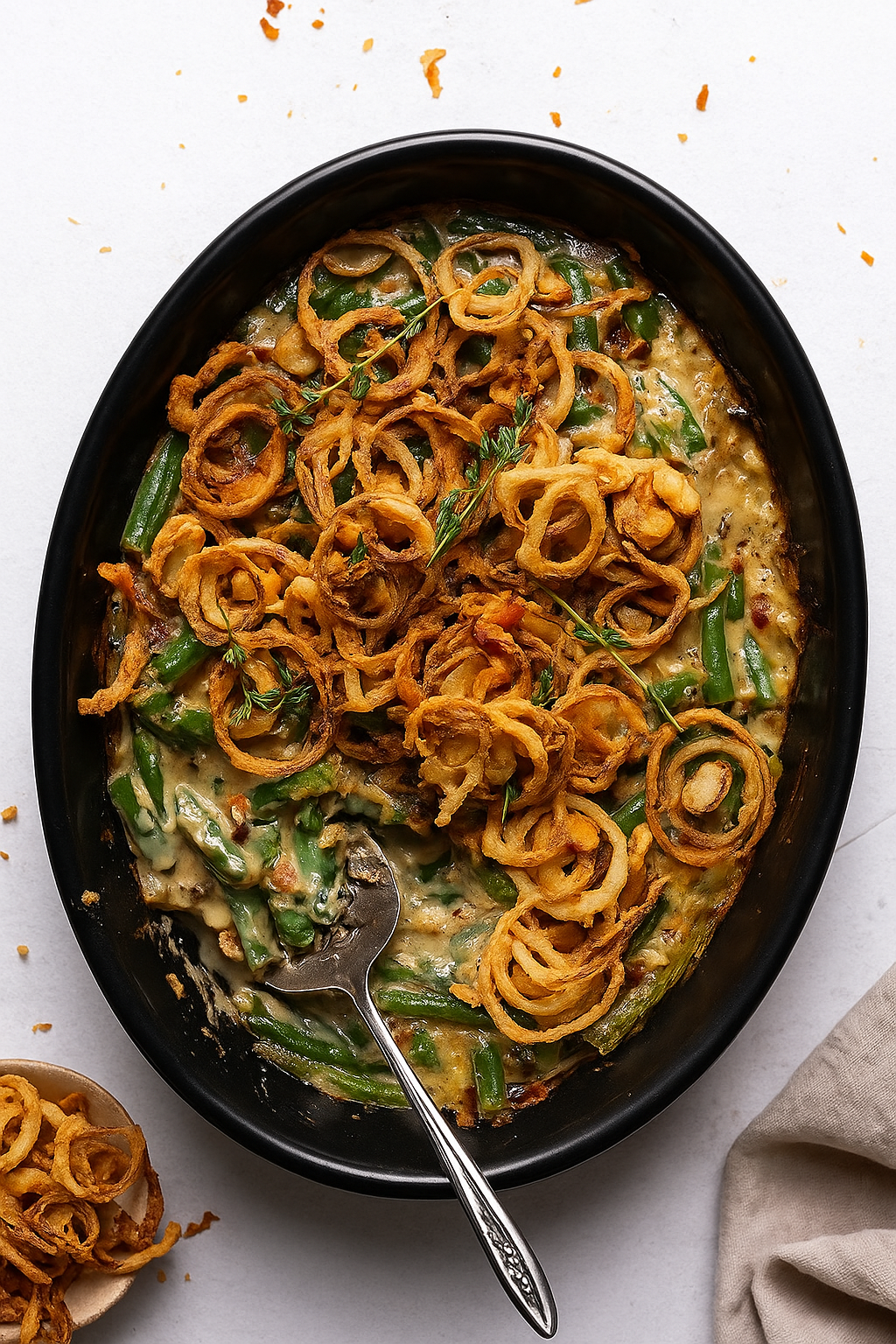 Black baking dish with green bean casserole topped with crispy onion rings, sitting on a white table background, unbaked and creamy