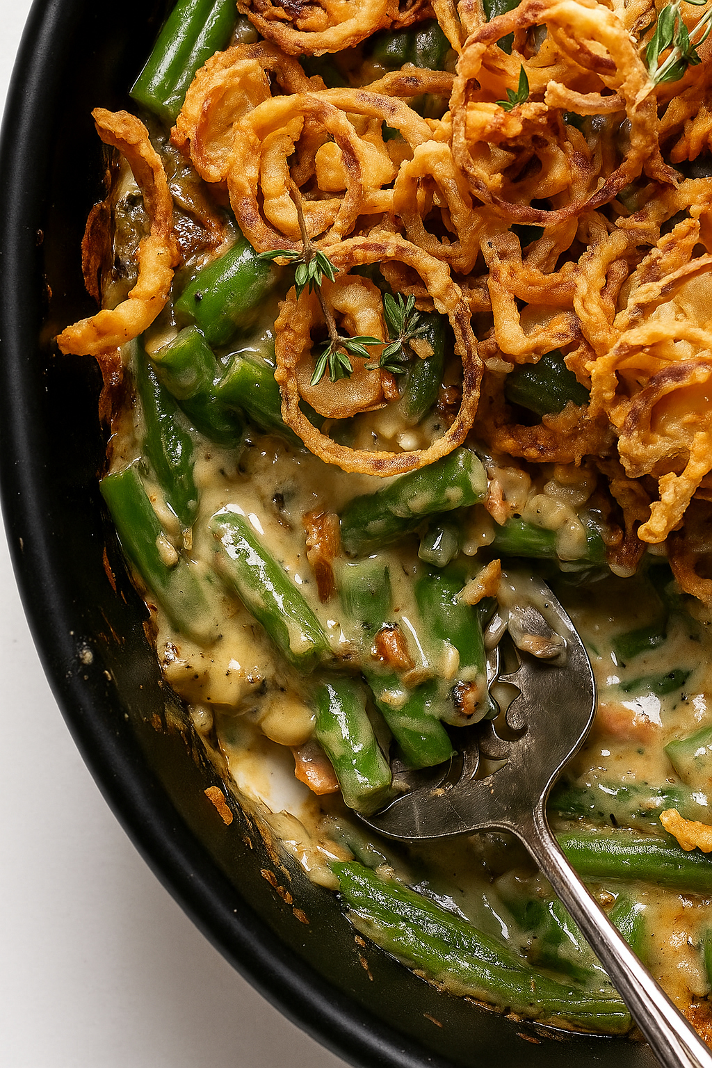 Close-up interior of green bean casserole showing creamy sauce, green beans, mushrooms, and bits of crispy onion topping