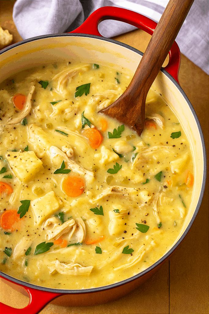 Cozy homemade chicken and dumpling soup simmering in a red Dutch oven with a wooden spoon and grey kitchen towel on the side, creamy broth filled with tender chicken, carrots