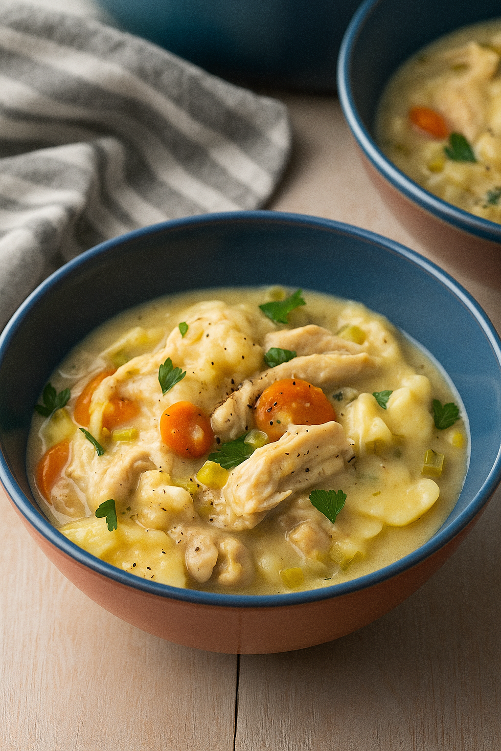 Two blue ceramic bowls filled with creamy chicken and dumpling soup on a light wooden table with herbs and vegetables, comforting and hearty homemade meal.