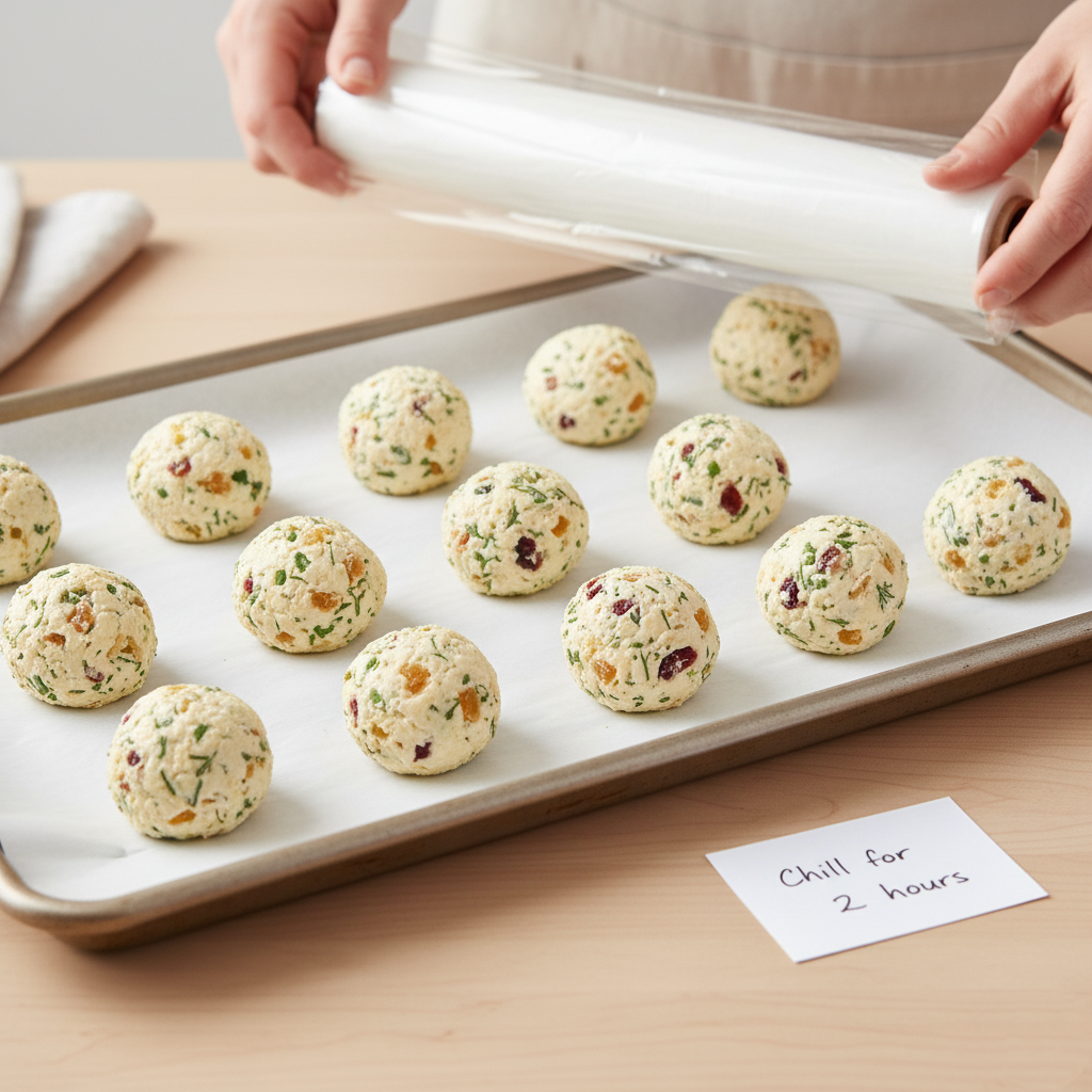 12 small, pale yellow cheese balls (the spheres) lined up neatly on a parchment-lined baking sheet, ready to be covered and chilled.