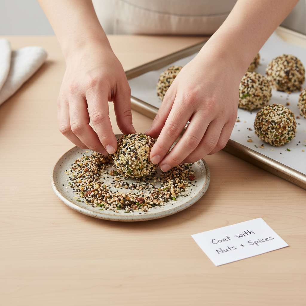 A hand is gently rolling one of the firm, chilled cheese spheres in a shallow dish containing a mix of chopped walnuts, pecans, and Everything Bagel seasoning.