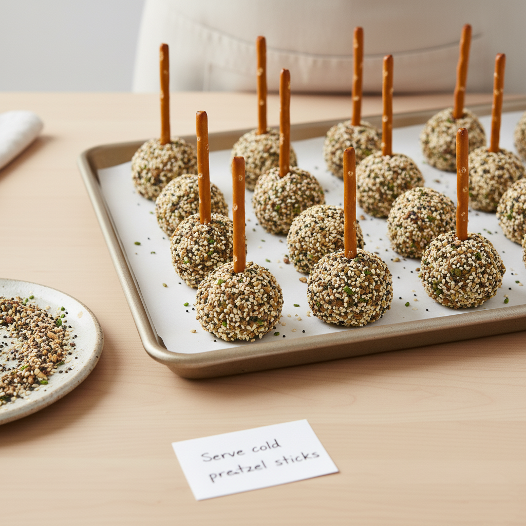 A finished appetizer platter displaying several Wholesome Herb & Nut Cheese Spheres, each coated in dark nuts and topped with a whole-wheat pretzel stick handle.