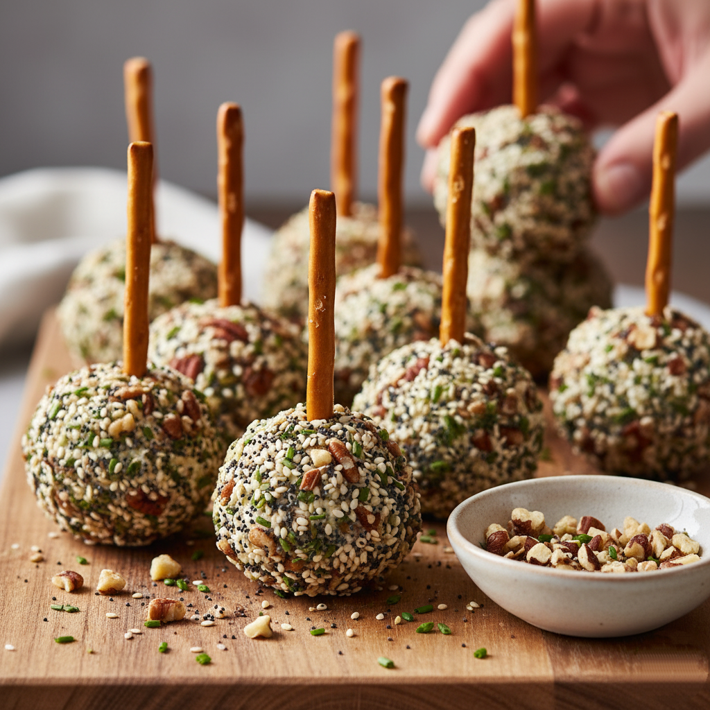 Mini reduced-fat cheese balls coated in chopped walnuts, pecans, and Everything Bagel seasoning, served cold with pretzel sticks.