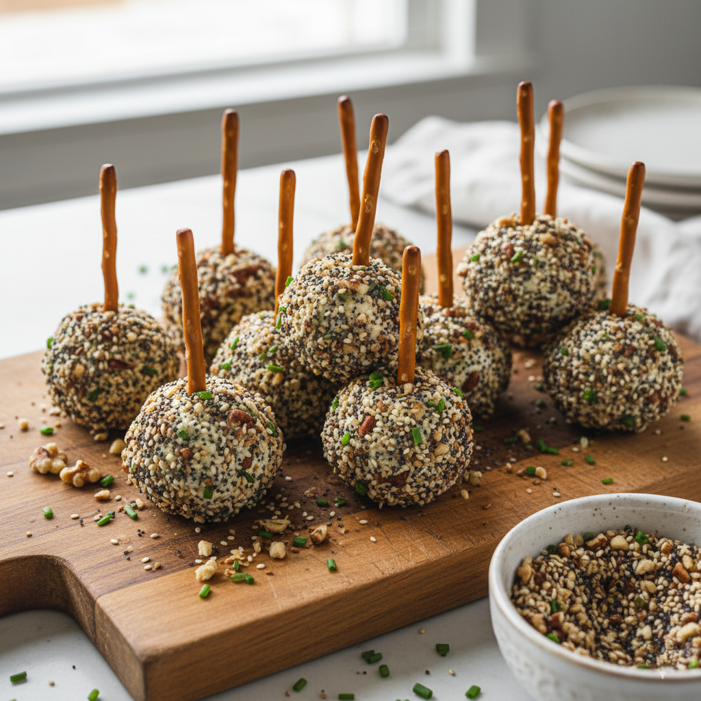 Reduced-Fat Herb Cheese Balls with Everything Bagel Nut Coating; a healthy holiday appetizer recipe.