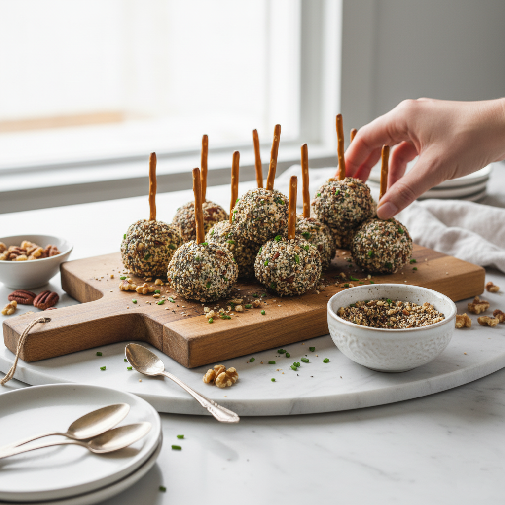 A festive serving platter of savory, herbaceous cheese spheres ready for a holiday party or light snack.